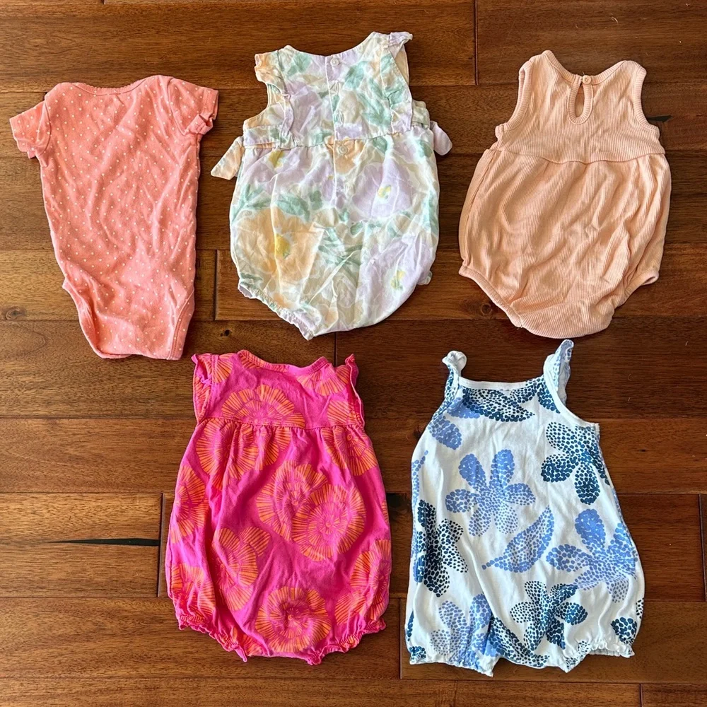 Baby Girl One Pieces in Pink, Peach, and Blue